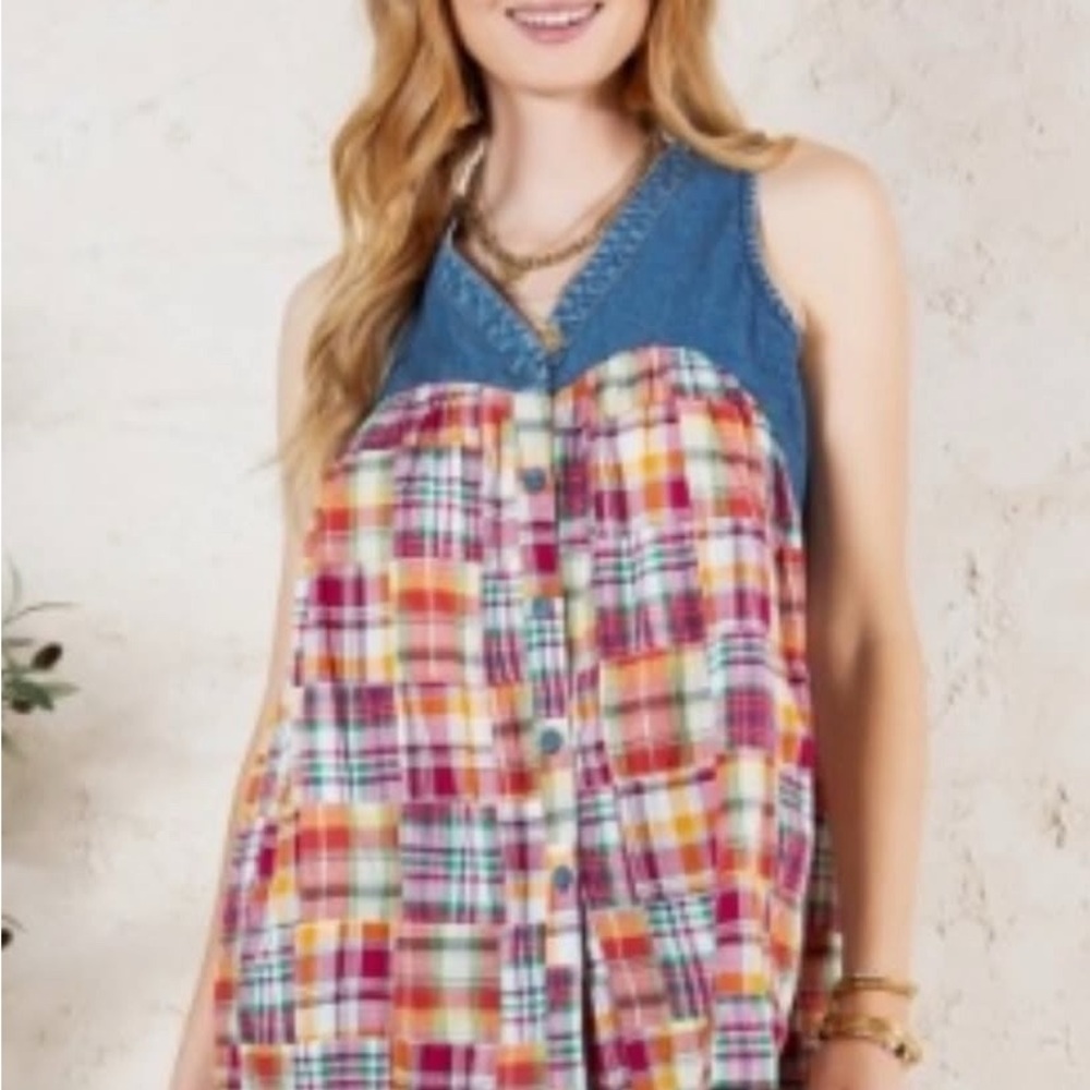 Young Threads NWT Plaid & Denim Sleeveless Blouse Boho Mixed Media Medium